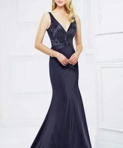 Mon Cheri 217933 V-Neck Metallic Embellished Evening Gown