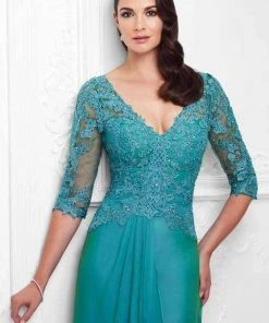 Mon Cheri - Beaded Lace A-Line Gown With Detachable Sleeves 117909