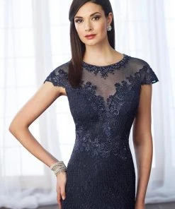 Mon Cheri Beaded Sheer Lace Cap Sleeves Evening Gown 217642