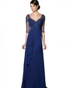 Mon Cheri Beaded V-Neck Long Dress In Blue Willow 214689W