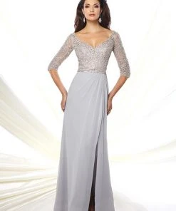 Mon Cheri - Crystal Embellished Quarter Sleeve Dress - 1 Pc Silver In Size 8 Available