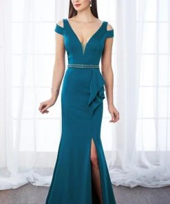 Mon Cheri Deep V-Neck Trumpet Dress 217647