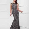 Mon Cheri Embroidered Beaded Bateau Trumpet Dress In Pewter 117922