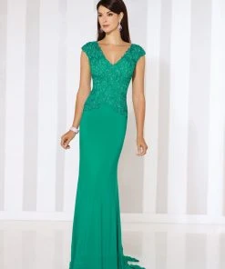 Mon Cheri Embroidered Cap Sleeves Fitted Evening Gown 116667 - 1 Pc Green In Size 10 Available