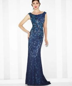 Mon Cheri Embroidered Lace Gown - 1 Pc Blue/Multi In Size 10 Available