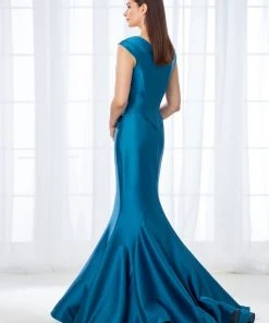 Mon Cheri Fitted Cap Sleeves Stretch Satin Mermaid Gown 118661 - 1 Pc Teal In Size 12 Available