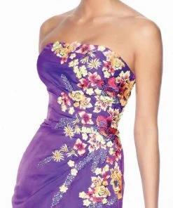 Mon Cheri Floral Ornate Strapless High Slit Long Gown 116506