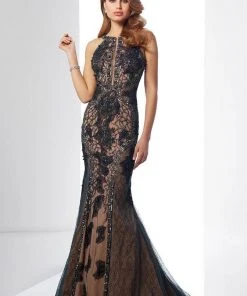 Mon Cheri Halter Illusion Panel Mermaid Gown