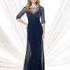 Mon Cheri Hand-beaded Illusion Long Gown In Navy 215919