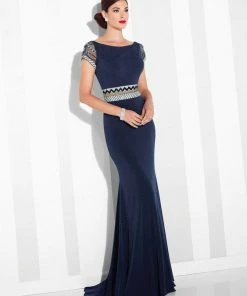 Mon Cheri Illusion Panel Sheath Gown 117624 - 1 Pc Navy In Sizes 4 Available