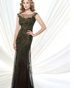 Mon Cheri Lace Appliqued Illusion Bateau Evening Dress 215913