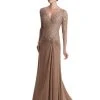 Mon Cheri Lace Bodice V-Neck Gown In Light Coffee 113906