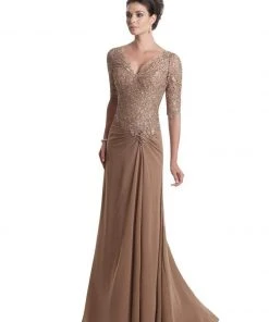 Mon Cheri Lace Bodice V-Neck Gown In Light Coffee 113906