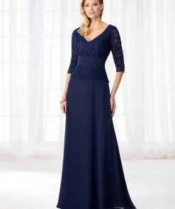 Mon Cheri Lace Quarter Length Sleeves A-Line Evening Dress 218623W