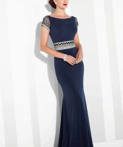 Mon Cheri - Patterned Beaded Illusion Sheath Evening Dress 117624 - 1 Pc Navy In Sizes 10 Available