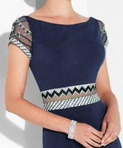 Mon Cheri - Patterned Beaded Illusion Sheath Evening Dress 117624 - 1 Pc Navy In Sizes 10 Available