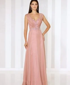 Mon Cheri Ruched Cap Sleeve Ornate Chiffon Gown 116664