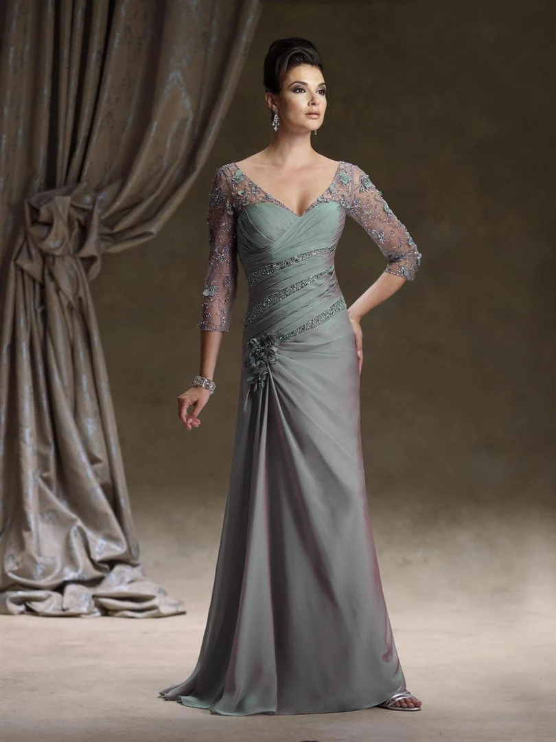 Mon Cheri Ruched V Neck Quarter Length Sleeves Dress 3 Mon Cheri Ruched V Neck Quarter Length Sleeves Dress