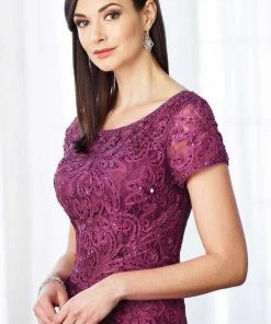 Mon Cheri Short Sleeve Jeweled Lace Sheath Gown 217637 - 1 Pc Dark Raspberry In Size 6 Available 5 Mon Cheri Short Sleeve Jeweled Lace Sheath Gown 217637 - 1 Pc Dark Raspberry In Size 6 Available