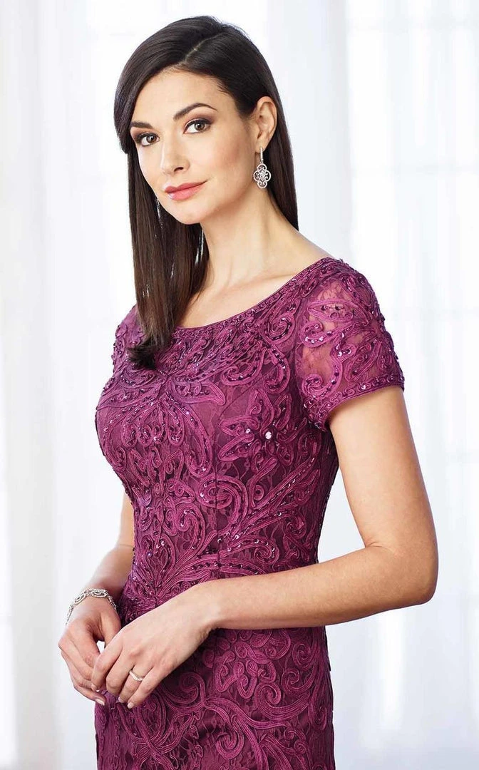 Mon Cheri Short Sleeve Jeweled Lace Sheath Gown 217637 - 1 Pc Dark Raspberry In Size 6 Available 4 Mon Cheri Short Sleeve Jeweled Lace Sheath Gown 217637 - 1 Pc Dark Raspberry In Size 6 Available