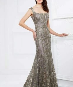 Mon Cheri Square Neck Sequined Evening Gown 217943