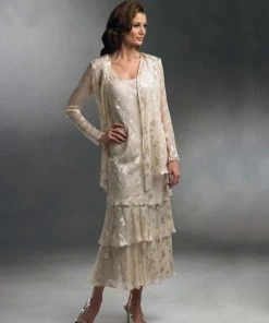 Mon Cheri Tiered Silk Chiffon Dress In Silver 13675