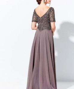 Mon Cheri - V-Neck Beaded Long A-Line Evening Gown 120D04 - 1 Pc Mocha In Size 8 Available