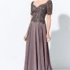Mon Cheri - V-Neck Beaded Long A-Line Evening Gown 120D04 - 1 Pc Mocha In Size 8 Available