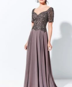 Mon Cheri - V-Neck Beaded Long A-Line Evening Gown 120D04 - 1 Pc Mocha In Size 8 Available