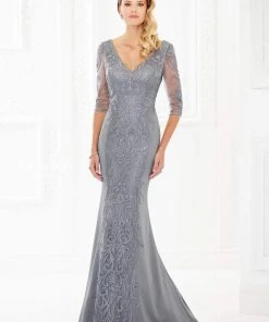 Mon Cheri V-neck Embellished Sheath Gown 118969