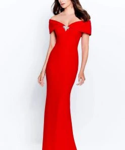 Montage By Mon Cheri - 120905 Off Shoulder Brooch Accent Sheath Gown