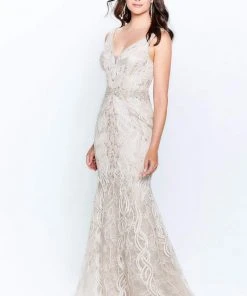 Montage By Mon Cheri - 120921 Metallic Ribbon Plunging V-Neck Gown