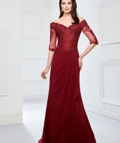 Montage By Mon Cheri - 218905W Sheer Beaded Off-Shoulder Evening Dress