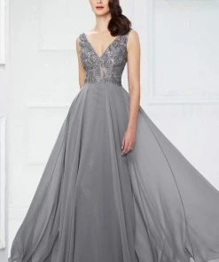 Montage By Mon Cheri - Beaded V-neck A-line Dress 217935 - 1 Pc Navy In Size 16 Available