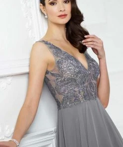 Montage By Mon Cheri - Beaded V-neck A-line Dress 217935 - 1 Pc Navy In Size 16 Available