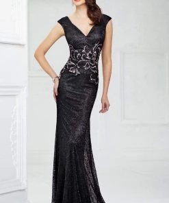 Montage By Mon Cheri - Cap Sleeve Intricate Lace Sheath Gown 217946 - 1 Pc Black In Size 6 Available
