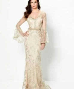 Montage By Mon Cheri - Embellished Long Bell Sleeve Sheath Gown 219986 - 1 Pc Champagne In Size 12 Available