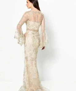 Montage By Mon Cheri - Embellished Long Bell Sleeve Sheath Gown 219986 - 1 Pc Champagne In Size 12 Available