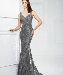 Montage By Mon Cheri - Embroidered Ruched Sheath Gown 217942 - 1 Pc Smoke In Size 8 Available