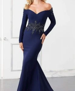 MGNY By Mori Lee Mori Lee - 72308 Off-Shoulder Long Sleeve Jewel Beaded Mermaid Gown