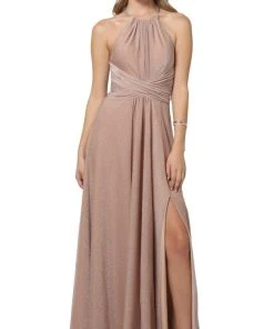 Nox Anabel - E184 Ruched Halter Bodice Metallic High Slit Gown