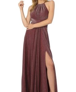 Nox Anabel - E184 Ruched Halter Bodice Metallic High Slit Gown
