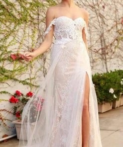 Nox Anabel - E441 Off Shoulder Appliqued High Slit Bridal Gown