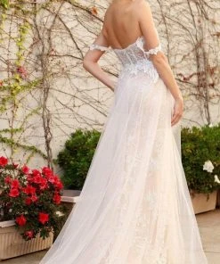 Nox Anabel - E441 Off Shoulder Appliqued High Slit Bridal Gown