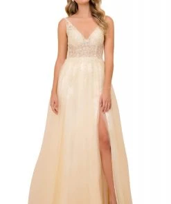 Nox Anabel - G390 Beaded Appliques V-Neck Gown