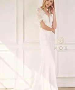 Nox Anabel JE927 - Embroidered Plunging V-neck Wedding Dress