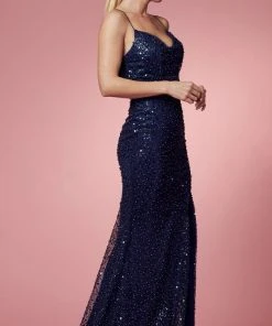Nox Anabel R1031 - Beaded Cowl Prom Dress With Slit