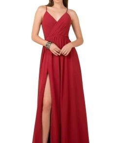 Nox Anabel - R275 Plunging V-neck A-line Dress With Slit