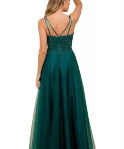 Nox Anabel - R357 Plunging Embroidered Lace Bodice Gown