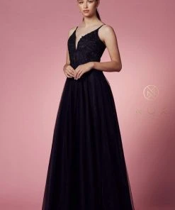 Nox Anabel - R357 Plunging Embroidered Lace Bodice Gown